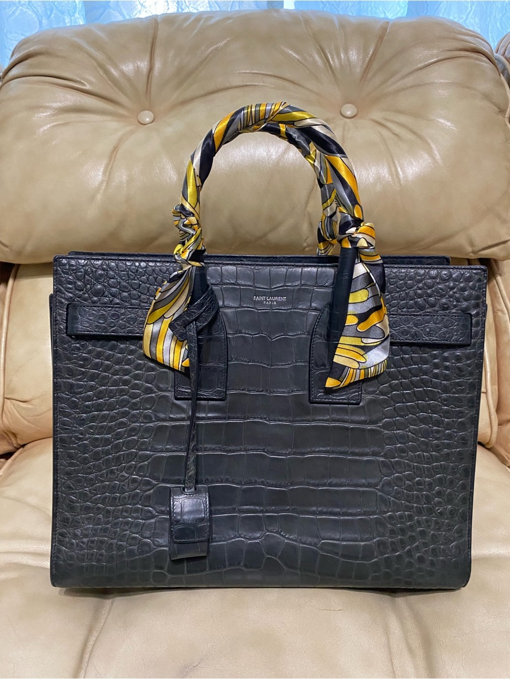 COA Saint Laurent Small Sac de Jour Tote Black Leather Satchel Bag Crocodile